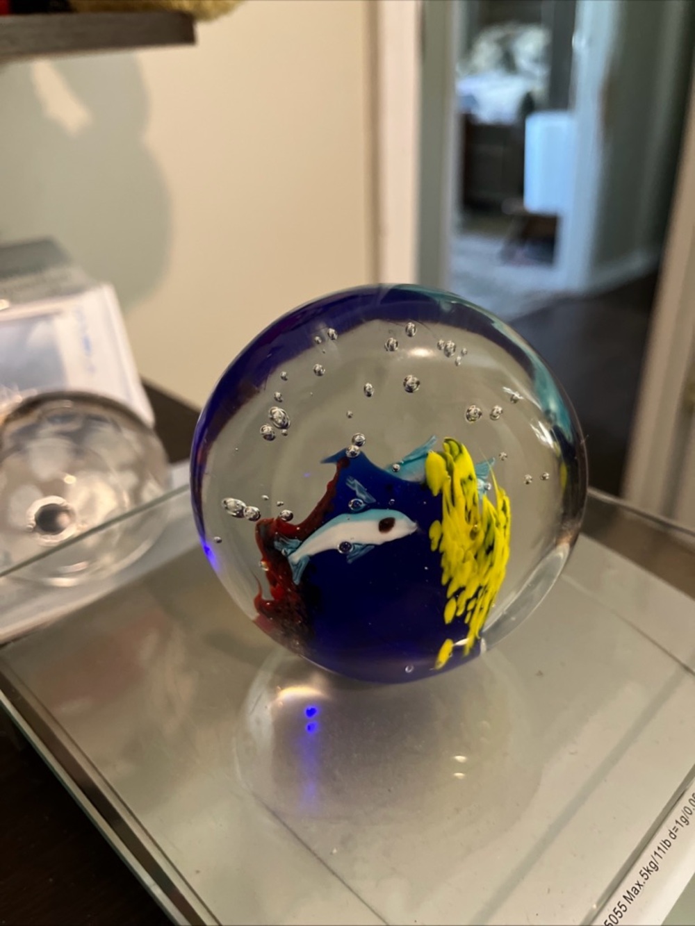 Glass Dolphin Paperweight with Yellow Coral